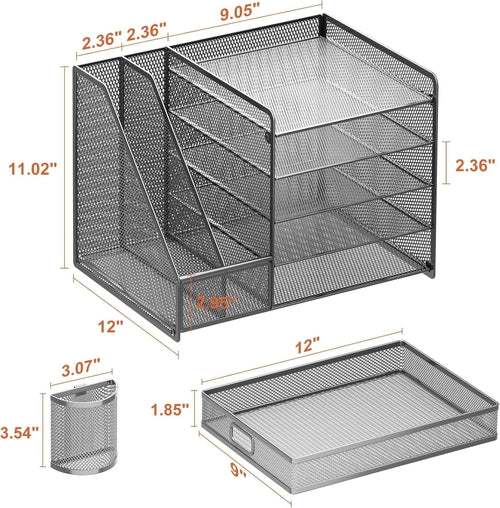Grey 5-Tier Mesh Desk Organizer with Drawer