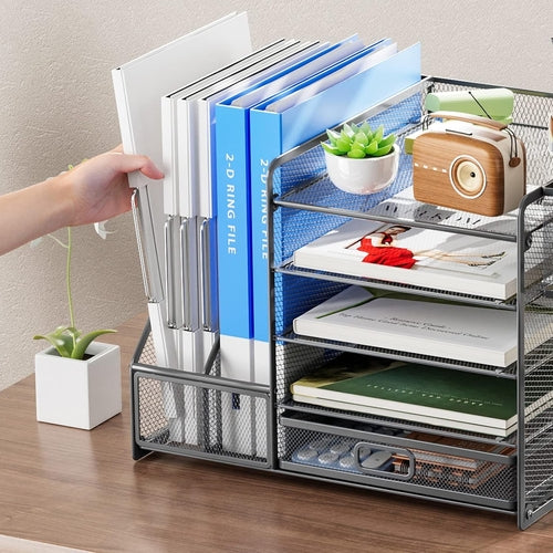 Grey 5-Tier Mesh Desk Organizer with Drawer